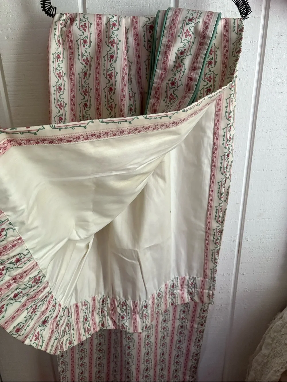 Vintage Cotton Heavy Floral Branch  Ticking Stripes Curtains set of 2 Flaws